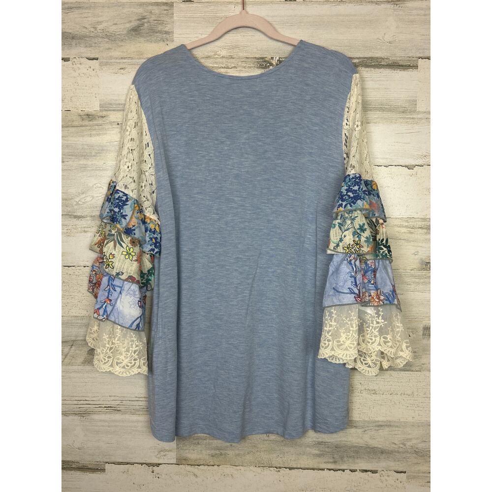 John Mark Light Blue Embroidered Boho Blouse with Cream Lace Sleeves - Picture 2 of 6